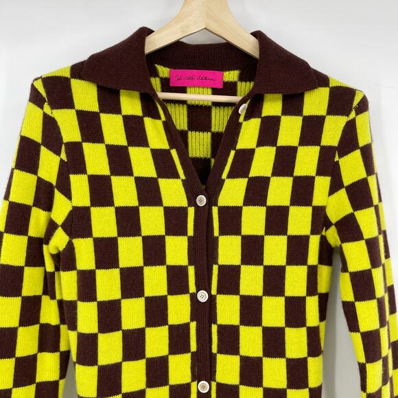The Elder Statesman | Cabernet Yellow Checkered Cashmere Knit Cardigan Dress S - Picture 7 of 15